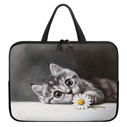 ZIATUBLES Sacoche pour ordinateur portable de 10 à 17 pouces avec poignée et fermeture éclair - Motif chat floral et marguerite grise