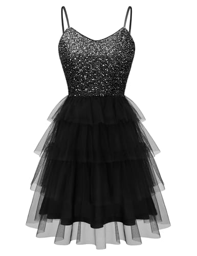 Image of Dressystar 2026 Women's Tiered Sparkly Sequin Glitter Formal Prom Dress Mini Spaghetti Strap Tulle Cocktail Party Dresses