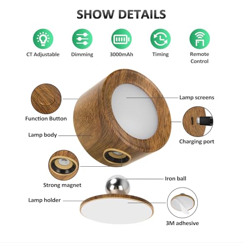 Image of Racokky LED Wall Lights 3 Pcs with Remote, Wall Sconces Lighting 3000mAh Rechargeable Battery Operated, 3 Color Temperatures & Dimmable Magnetic 360 Rotation Cordless Lamp for Bedroom Hallway