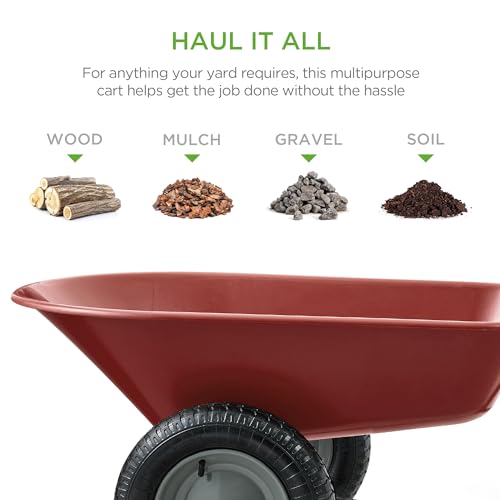 Image of Best Choice Products Dual-Wheel Home Utility Yard Wheelbarrow Garden Cart w /Built-in Stand for Lawn, Gardening, Construction - Red