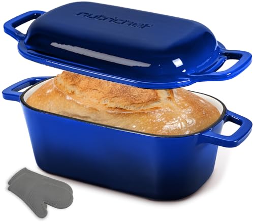 NutriChef 10" Enameled Cast Iron Bread Pan with Lid, Oval Loaf Dutch Oven with Silicone Gloves, Oven-Safe to 500°F, for Baking, Roasting, Stewing & More, Dishwasher Safe (Blue)