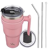 Konokyo 40 oz Tumbler with Handle and 2 Straw 2 Lid, Insulated Water Bottle Stainless Steel Vacuum Cup Reusable Travel Mug, Light Pink