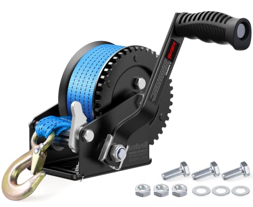 Image of Kolvoii 1600 lbs Boat Trailer Winch with Strap, Portable Hand Winch, 2-Way Ratchet 4.1:1 Gear Ratio for Boat, Trailer, Marine and Jet Ski, 26FT Strap, Blue
