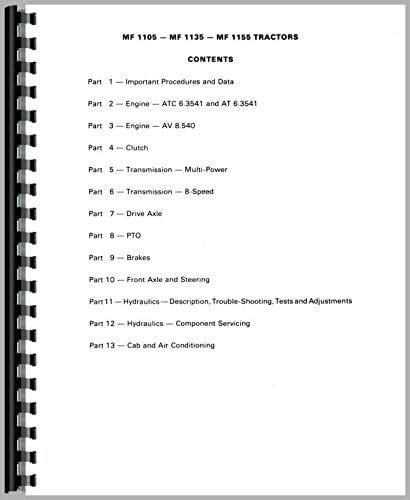 Contents page of the Massey Ferguson 1105 Service Manual