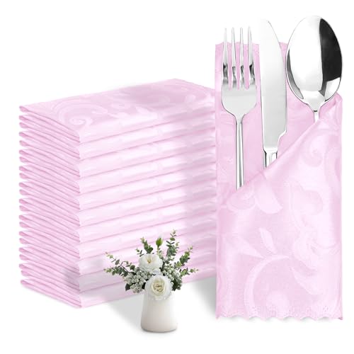 Eychei 12 Pack Blush Pink Satin Napkins 17 x 17 Inch - Silky Soft Jacquard Damask Table Cloth Set, Square Fabric Dinner Napkins for Wedding, Banquet, Party Decoration