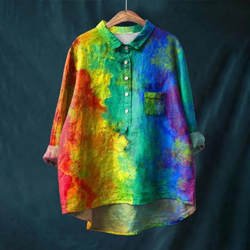 Blusas casuais de linho de manga comprida para mulheres elegantes estampadas retrô camisetas túnica