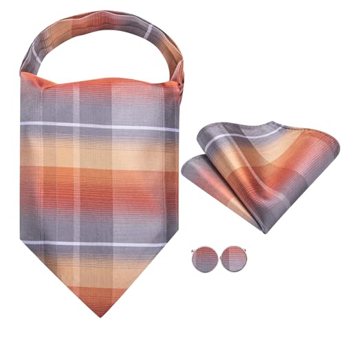 Image of Hi-Tie Silk Ascot for Men Self Tie Men's Cravat and Flower Lapel Pin Handkerchief Cufflinks Set for Wedding Party