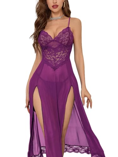 Image of Foxiny Sexy Split Mesh Lace Floral Sheer Babydoll Lingerie Outfit Dress 2 Piece with Thong Set