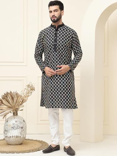 Image of SOJANYA, Men's Silk Blend NavyBlue Kurta with Multi Color Embroidery and Off-White Pyjama