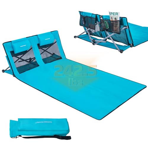 CHANGEMOORE 184x107cm Beach Mat with Back Rest, Max 110Kg Folding Sun Lounger with Removable Headrest, 600D Oxford Widen Beach Seat, Large Pocket & Storage Bag for Garden Holidays Camping Blue