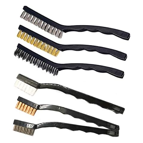 6 Stück Drahtbürsten Drahtbürste Set Klein Drahtbürsten mit Borsten aus Edelstahl Messing und Nylon gebogener Griff für die Reinigung von Schweißschlacken und Rost (6 Pcs) Cover