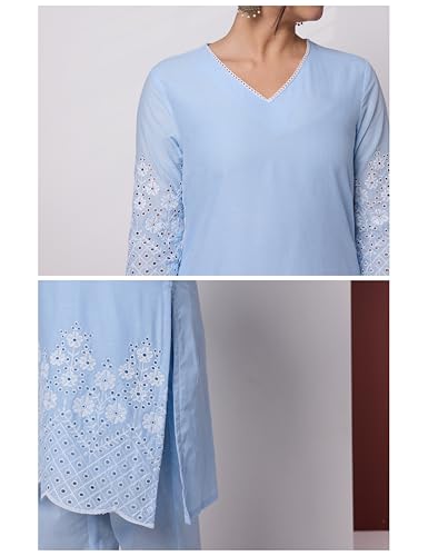Image of Amazon Brand - Myx Women's Pure Cotton Schiffli Embroidered Kurta Set with Dupatta (Available in Plus Sizes)