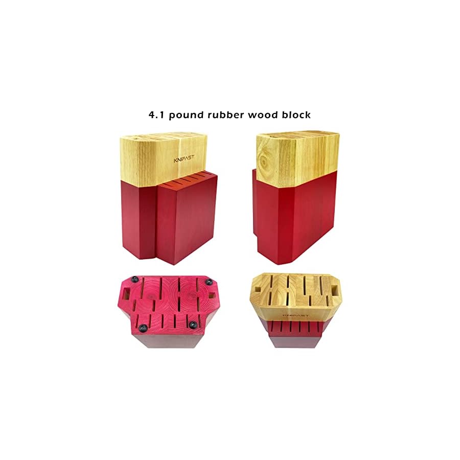 Knife Set With Block, KNIFAST Full Tang 17-Pieces Kitchen Knife Set With Block Wooden German Stainless Steel Cutlery With Knife Sharpener & 6 Steak Knives (Red)