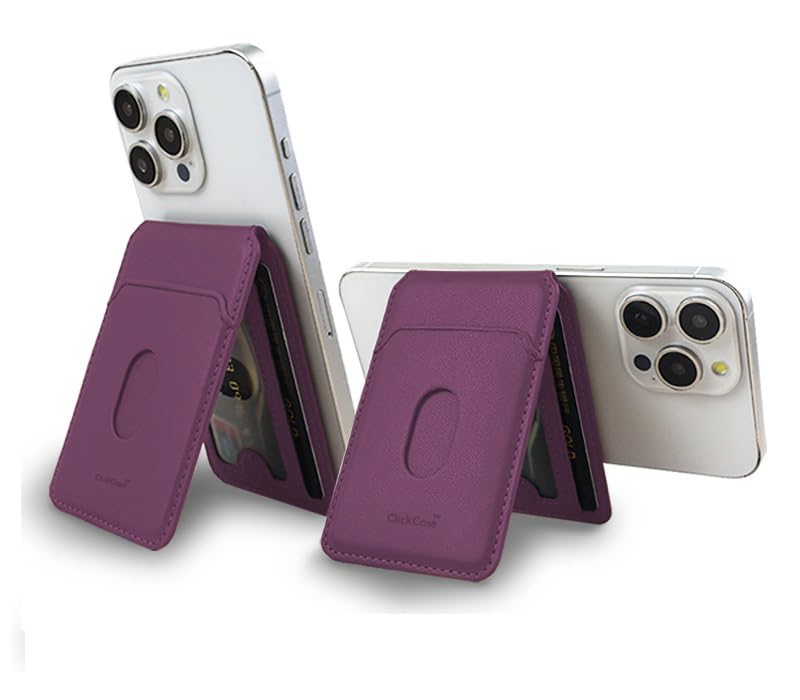 Image of ClickCaseBifold MagSafe Wallet, Minimalist Wallet with Stand, Magnetic Closure Wallet for iPhone 16 /15 /14 /13 /12 Series, Card Holder, Vegan Leather (Purple)