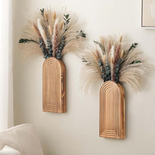 2 Pack Wooden Wall Vase Set with Pampas Grass Eucalyptus,