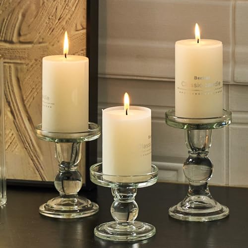 Willceka 3 Pcs Clear Candle Holder, Glass Pillar Candle Holder Set for Taper Candlestick Pillar(Clear)