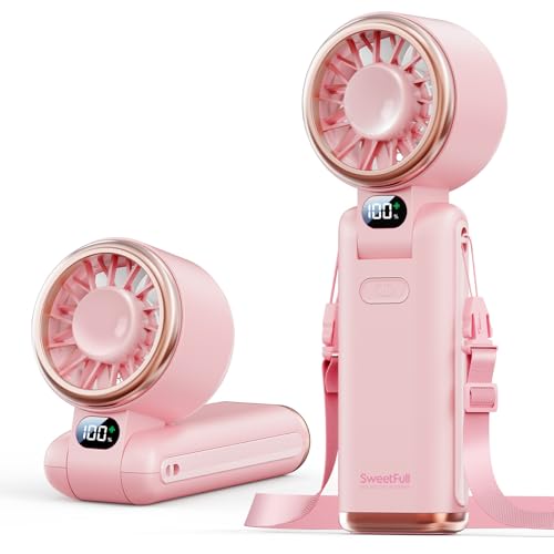 SWEETFULL Portable Handheld Turbo Fan - Portable Fans Rechargeable, 5000mAh, 180° Adjustable, 5 Speed Wind, Digital Display Electric Personal Hand Fan Quiet, Travel Essentials, Beach Vacation (Pink)
