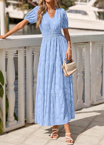 Image of KIRUNDO Summer Dresses for Women 2026 Boho Flowy Casual Short Sleeve V Neck Elastic Waist Floral Long Baby Shower Maxi Dress