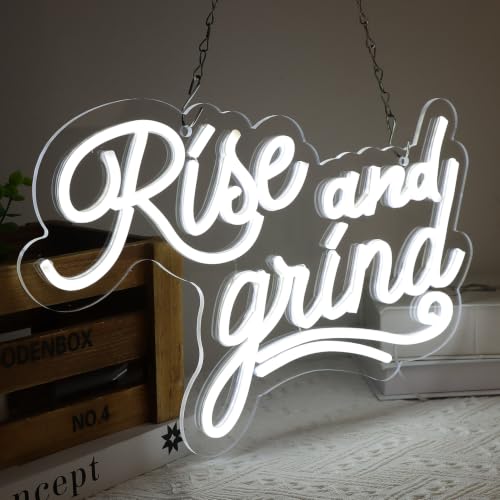 Image of Rise and Grind Neon Signs for Wall Decor Neon Lights for Bedroom Led Business Signs Suitable for Man Cave Bar Pub Restaurant Christmas Gift Art 5V Power Adapter 16.1 * 9Inch(White)