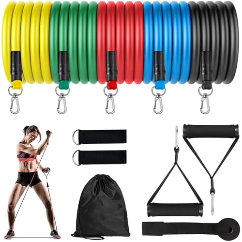 Juego Completo De Bandas Resistencia con Asas, Anclaje para Puerta, Correa Tobillo Y Bolsa Almacenamiento Entrenamientos Fitness En Casa, Equipo Ejercicio Portátil Todo (Blue)