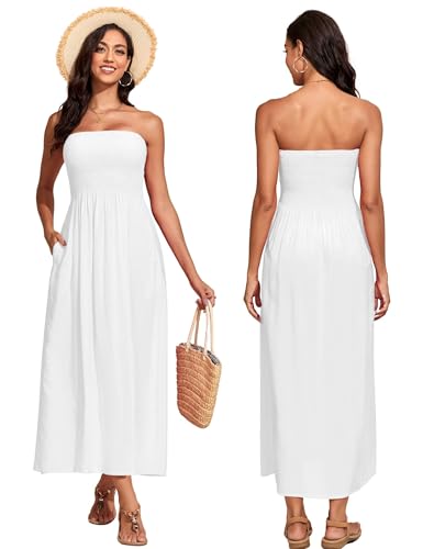 Image of Capuffy Women Strapless Boho Maxi Dress Sleeveless Tube A Line Summer Sundress with Pockets Flowy Swing Beach Dress 33