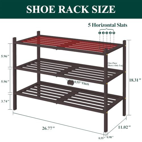 Image of Smiry Bamboo Shoe Rack, 5 Horizontal Slats, 3 Tier - 26.8 inch Wide, Brown