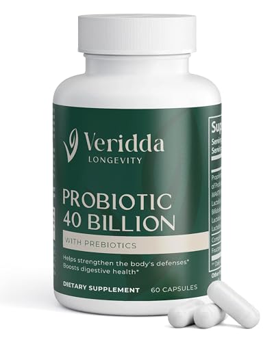 Veridda Longevity Probiotic 40 Billion with Prebiotics, Daily Gut Health for Women & Men, Digestive Support with 4 Forms of Lactobacillus, MAKTREK Bi-Pass Technology, 60 Vegetarian Capsules