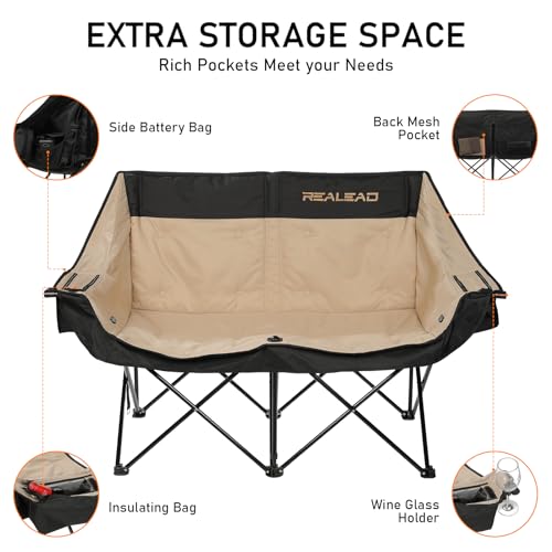 REALEAD Heated Double Camping Chair - Heated Folding Chairs for Outdoor Sports with 3 Heat Levels and 4 Heating Zones - Portable Heated Loveseat Camping Chair Supports 650 lbs Battery NOT Included
