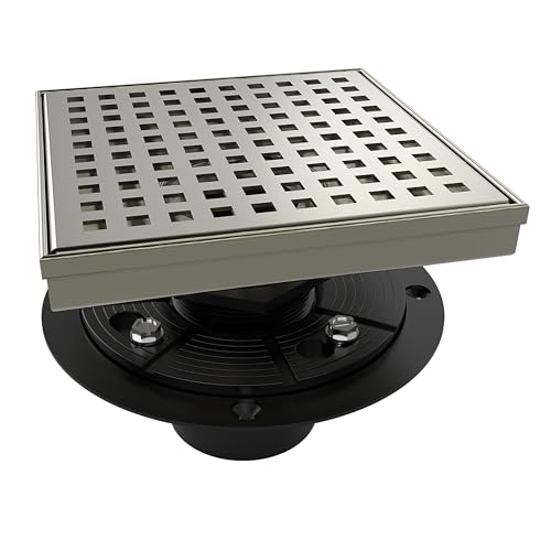 WEBANG 6 Inch Square Shower Drain Nickel Floor Drain with Flange Square Holes Pattern Cover Grate Removable SUS304 Stainless Steel Watermark&CUPC Certified Brushed Nickel