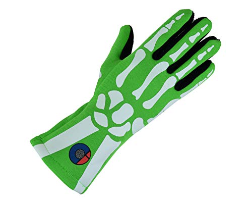 Cuircon-Auto Racing Multi Layer Nomex Gloves: Fluorescent Skeleton Gloves-Green Racing Gloves With Skeleton/Skull Bones Print (Small Car Racing Gloves)-Fireproof Glove (Fire Gloves)- Sfi-3.3/5 Rated #TOP1
