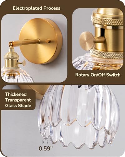 EDISHINE Hardwired Wall Sconces Set of Two, Brass Gold Wall Lamp with Transparent Tulip Glass Lampshade 180 Degree Adjustable, Vintage Bathroom Lighting Fixtures for Bedroom Living Room Hallway - Image 5