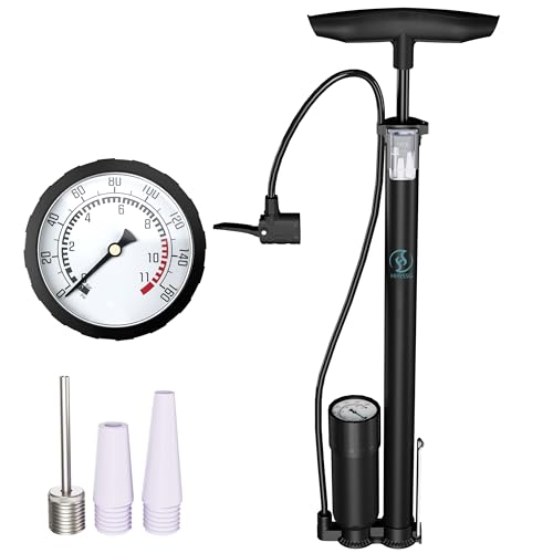 HHYSSG Pompe à Pied pour Vélo avec Manomètre 160 PSI Haute Pression en Acier et Aluminium Noir 3 Adaptateurs de Valve pour Vélo de Route, VTT, Moto, Ballons