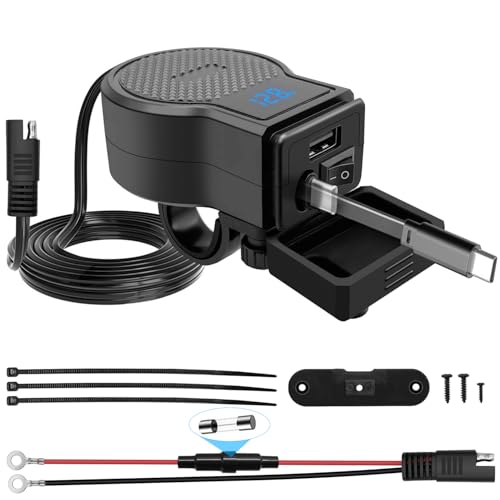 Hoembpn Enchufe USB de carga rápida para motocicleta de 72 W con voltímetro LED + interruptor de encendido/apagado, cable retráctil tipo C, IP65 impermeable para motocicleta, cargador USB para coche
