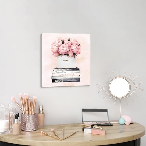Image of cozy country Chanel-Inspired Canvas Wall Art - 12x12 Inches Luxury Fashion Artwork Print, Featuring Perfume, Books & Flowers, Perfect for Bathroom & Women's Room Decor