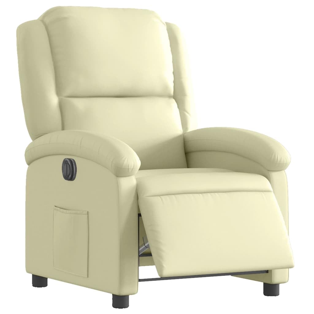 Fotel relaksacyjny, elektryczny, kremowy, z prawdziwej skóry z regulowanym oparciem i podnóżkiem, wyściełany, z drewnianą ramą metalową, ergonomiczny, do salonu, sypialni, biura, idealny do