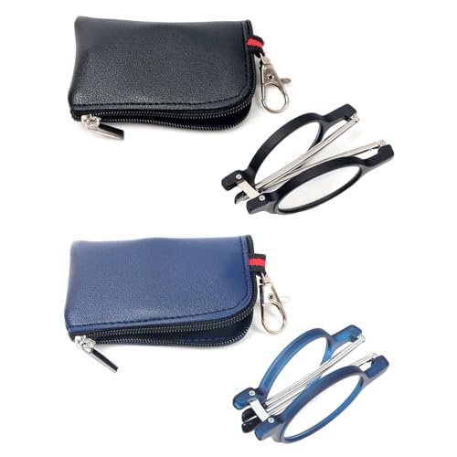 KoKoBin Folding round Reading Glasses with Telescopic Rod and Leather Case Keychain Small Portable Blue Light Blocking Reader for Men and Women (2 Pack BlackBlue, 2, Dioptres) - Image 2