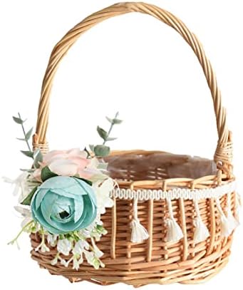 Rattan Woven Flower Girl Baskets for Wedding,Handwoven Small Rustic Floral Basket with Handle and Artificial Lace Flowers,Wicker Storage Baskets for Home Wedding Birthday Decor