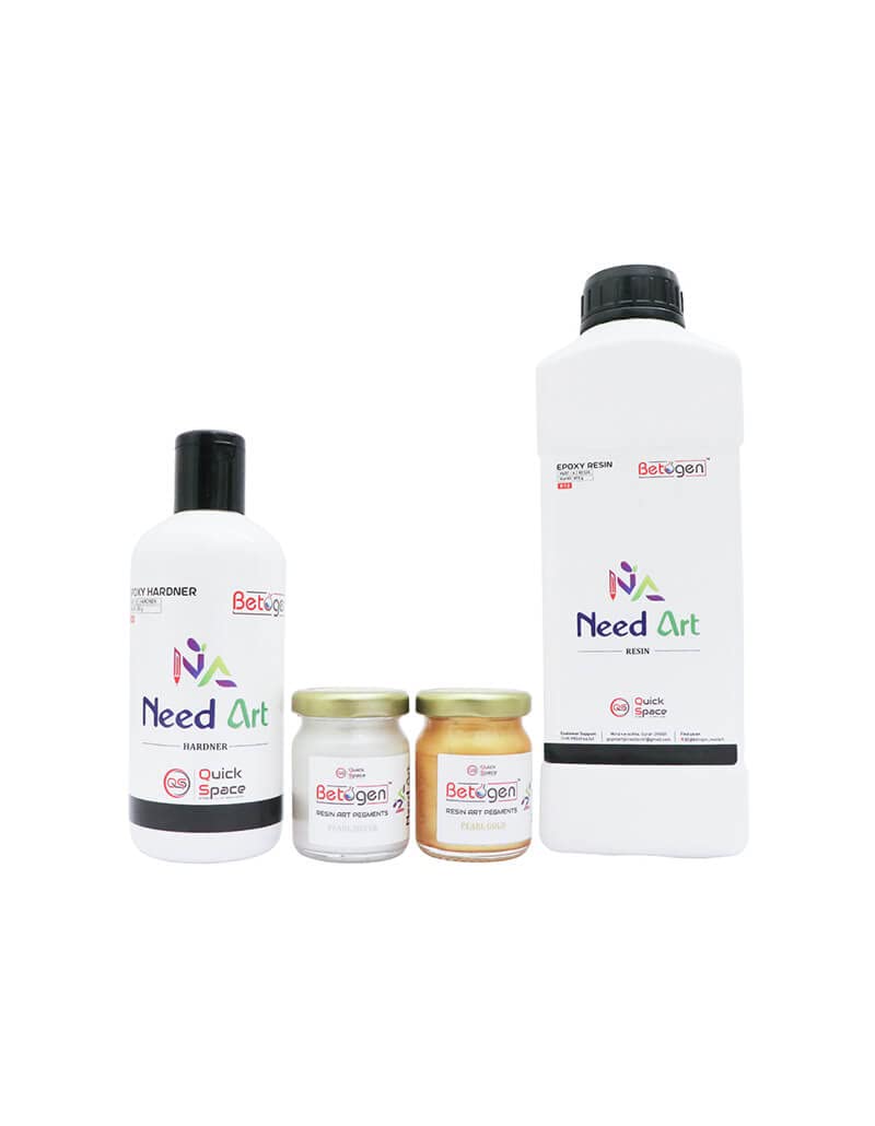 BETOGEN Needarts Crystal Clear | Long- Lasting | Smooth Finish | Easy to Use | Non-Toxic Epoxy Art Resin And Hardner Formula - [Hobby Kit With Pearl Gold + Pearl Silver Pigment]