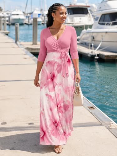 Image of PinkPatty Plus Size Maxi Dress for Women Casual V Neck 3 /4 Sleeve Boho Printed Long Dress with Pockets