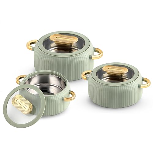 Image of CELLO Castella Deluxe Insulated Steel Casserole Case Set of 3 Pcs, Green (1000ml, 1500ml, 2500ml) | Airtight See Through Lid, Hot Pot Box Keeps Food Hot & Warm, Casserole Set for Roti Chapati Rice
