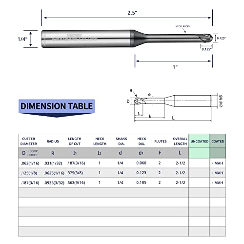 Image of Tools Ball Nose Carbide End Mill, TiAlCN Coating, CNC Cutting Tools for Stainless Steel,Hardened Steels,High Temp Alloys,Medium Alloy Steels, 2 Flute, 1 /4 Shank,(Ball Mills 1 /8-2.5 inch 2pcs)