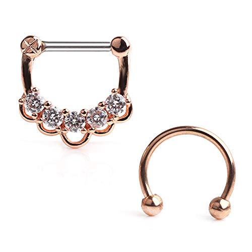Ruifan 16G Surgical Steel Horseshoe & Clear CZ Nose Ear Daith Septum Clicker Ring 2PCS - Rose Gold
