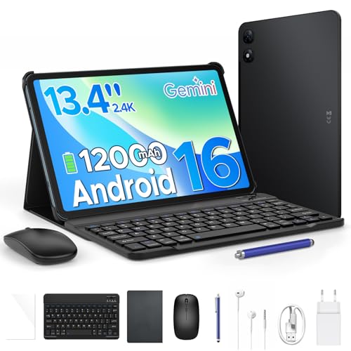 P13 Pro Tablet 13.4 Pulgadas 120Hz Android 16, 48GB RAM + 256GB(TF 2TB) Tablet con Teclado y Lapiz, T7280 Octa-Core, 12000mAh/18W, 16MP+8MP, Gemini AI, Widevine L1, Face ID, Dual SIM 4G, Negro