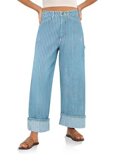 Image of Cicy Bell Womens Striped Wide Leg Jeans Baggy Boyfriend High Waisted Cuffed Denim Pants with Pockets, Light Blue, 14