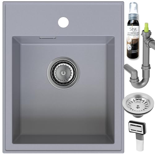 SINK QUALITY Évier en granit gris, 40 x 50 cm, avec siphon et imprégnation, sans égouttoir, petit évier de cuisine, pour armoires inférieures à partir de 40 cm de largeur