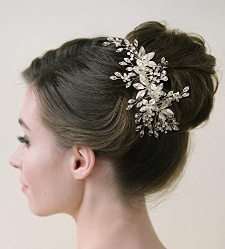 SWEETV Handmade Wedding Hair Comb,Pearl Flower Bridal Hair Clip Hair Accessories for Women Wedding