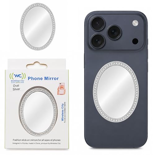 Wireless City Oval Phone Mirror Stick-On, Silver Diamond Bling Makeup Mirror with Cubic Zirconia, 5.5–7cm Ideal for Makeup and Women’s Touch-Ups