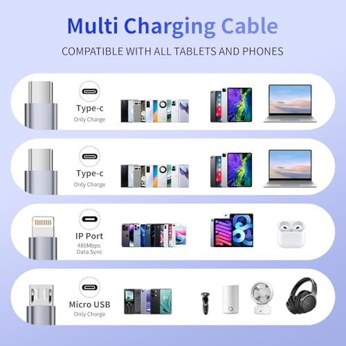 Cable de carga múltiple USB C de nailon trenzado resistente de 5 pies 7