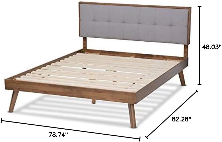 Baxton Studio Alke Mid-Century Modern Light Grey Fabric Upholstered Walnut Brown Finished Wood King Size Platform Bed