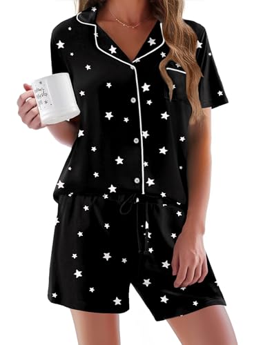 Image of Ekouaer Pajamas Set for Women Short Sleeve Sleepwear Button Down Pjs Soft 2 Piece Lounge Sets XS-XXXL